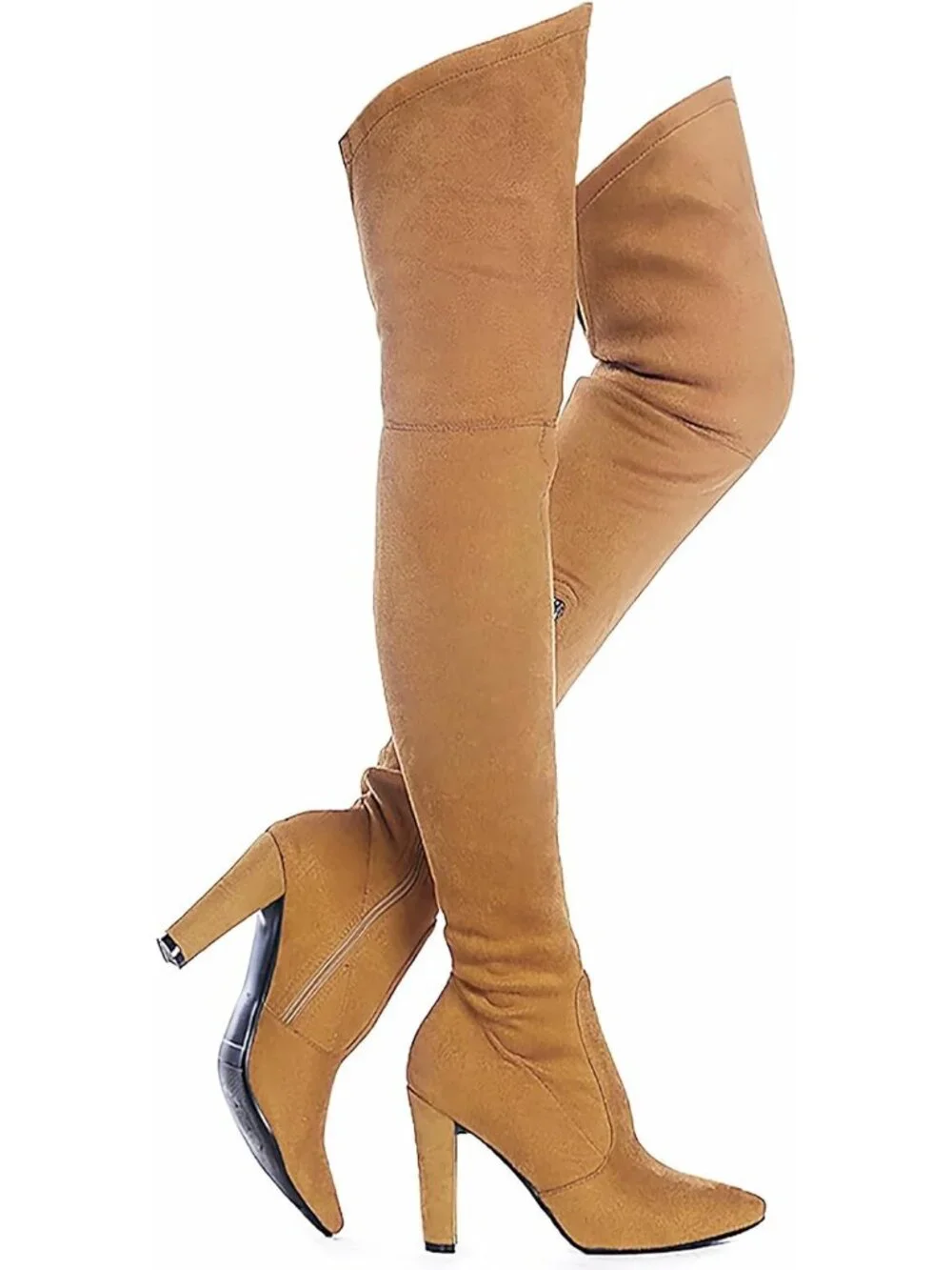 Women's Brown Suede Stretch Chunky Heel Over Shaft Length Knee Boots Thigh High